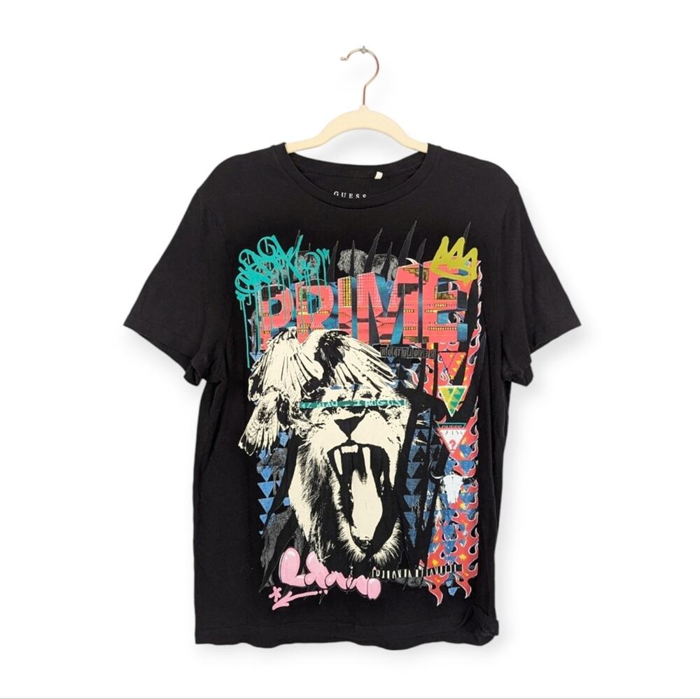Guess Graphic Tee L Black Multicolor Lion Roar Short Sleeve Men’s